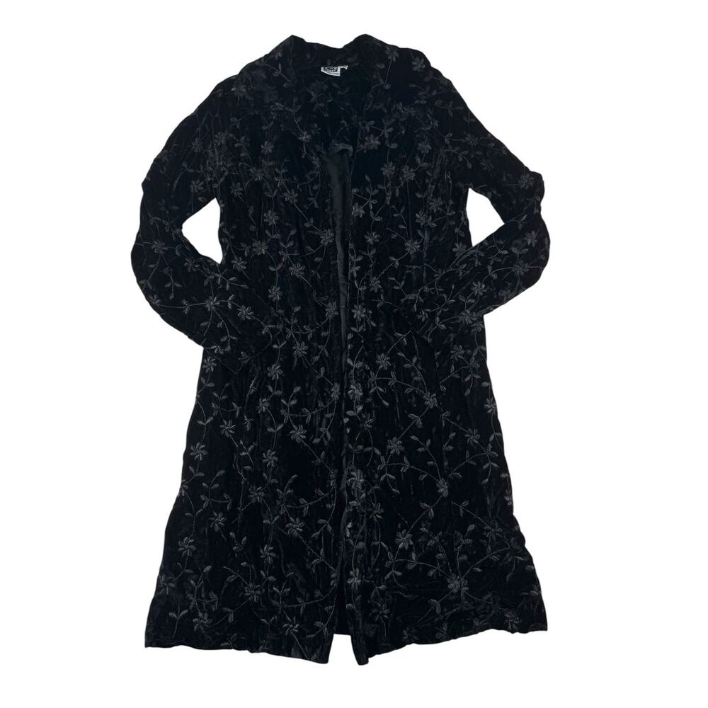 Johnny Was Velvet Floral Embroidered Duster Coat M Black Long Jacket Witchy Boho